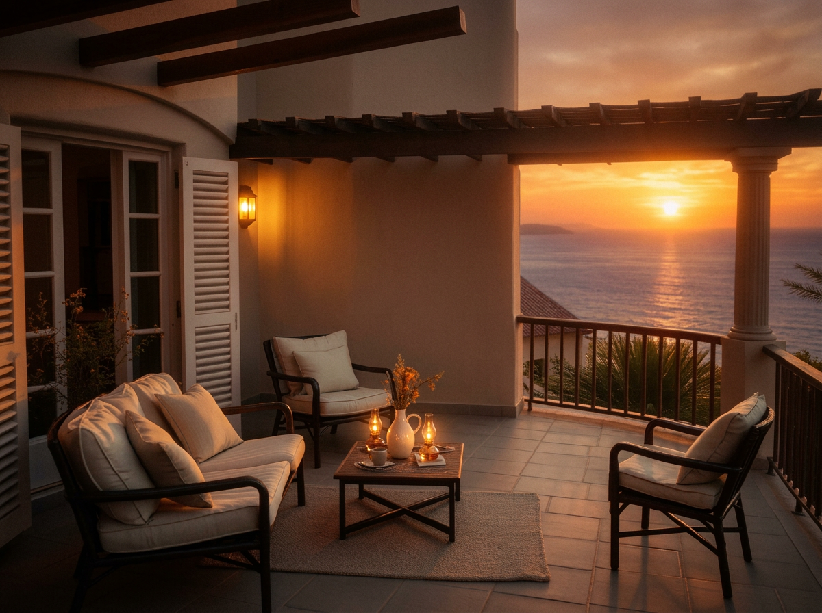 Cinematic sunset film still of the same terrace