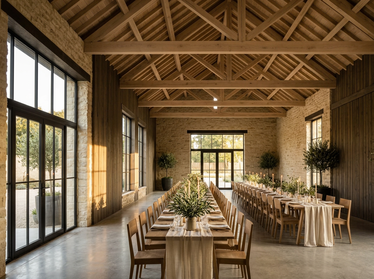 Timber truss hall set with long banquet tables