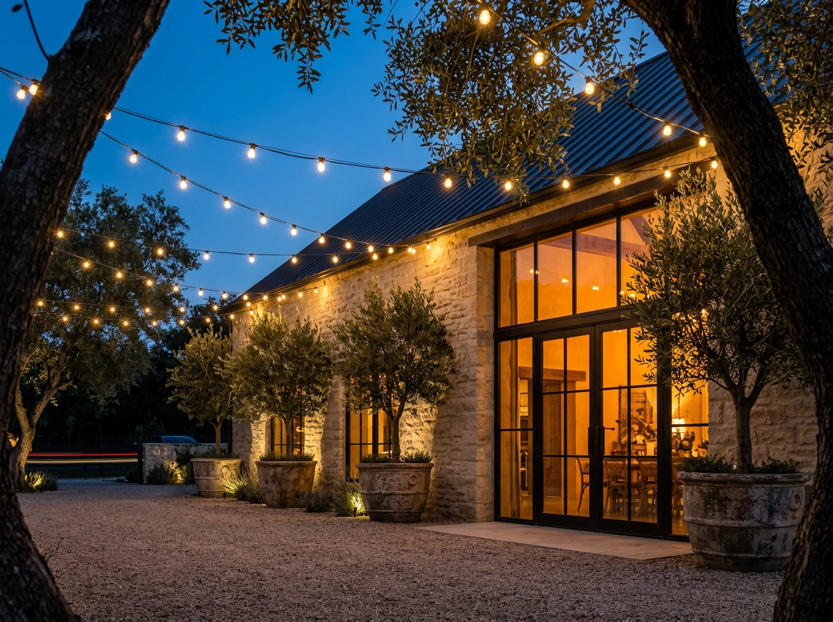 The venue courtyard at dusk under string lights